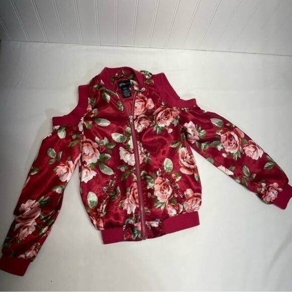 Pink Floral Cold Shoulder Full Zip Jacket Size 10-12 - Picture 6 of 8